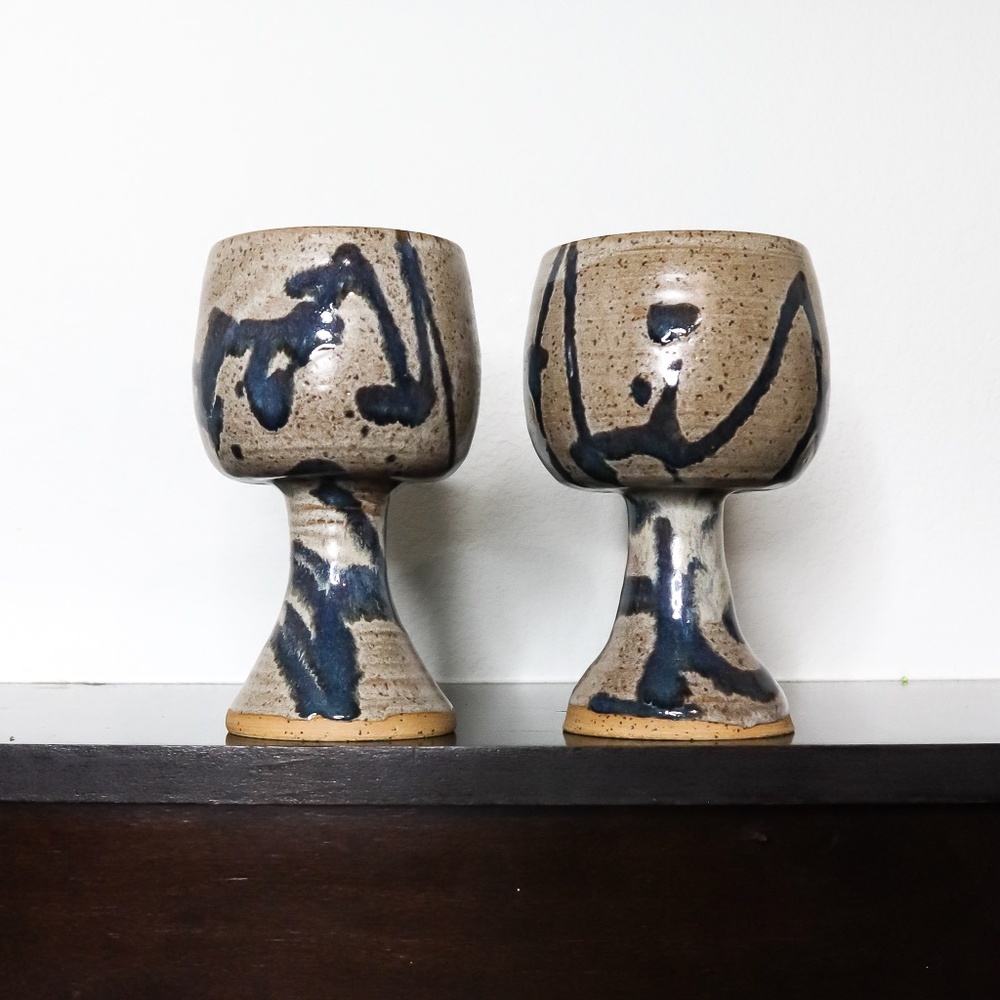 Vtg Studio Pottery Signed Goblets | modern abstract decor glasses cups wine